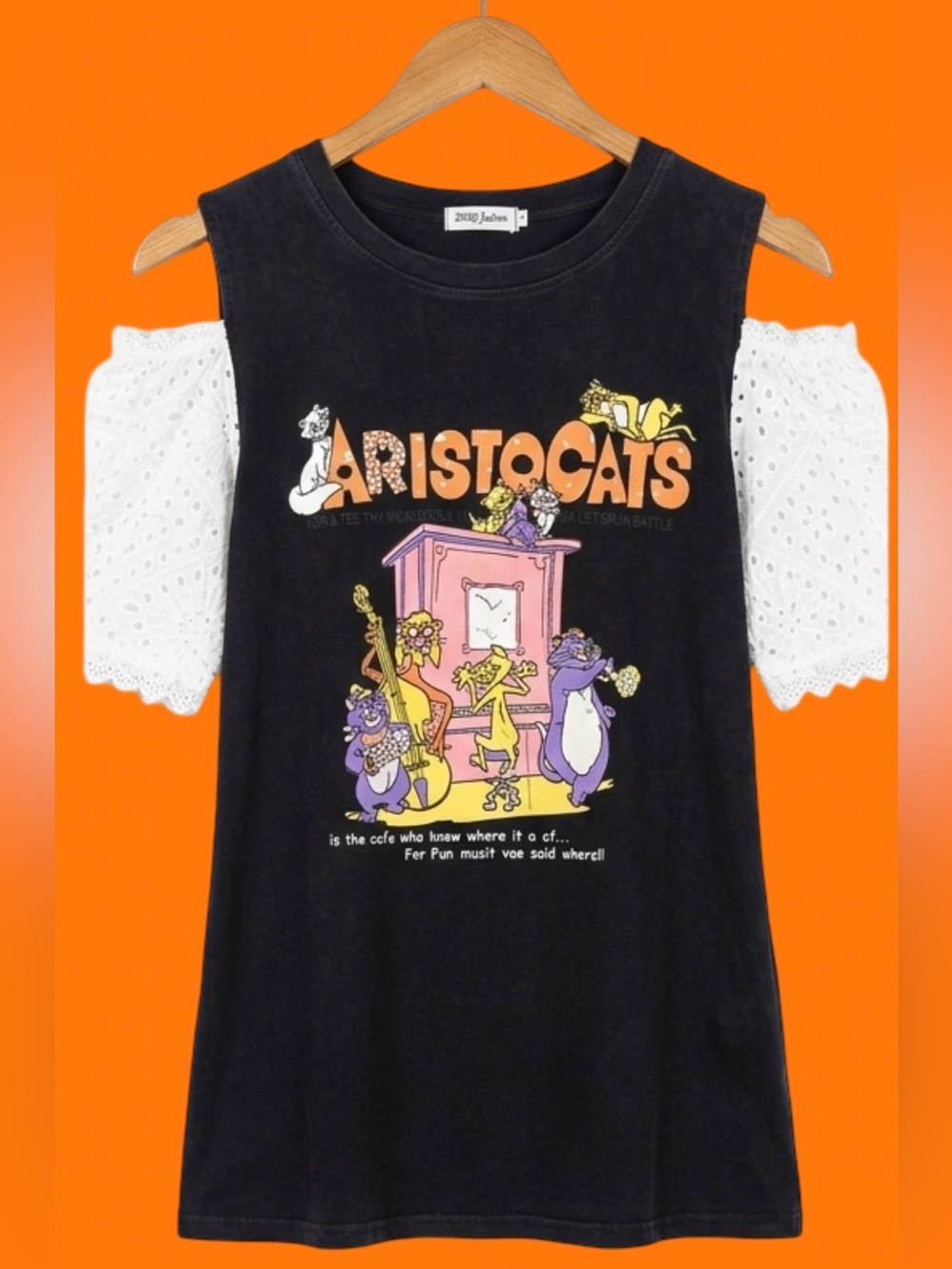 Disney Aristocats Upcycled Shirt Cold Shoulder Eyelet Lace Puff Sleeve Blk Cat L - Picture 2 of 9
